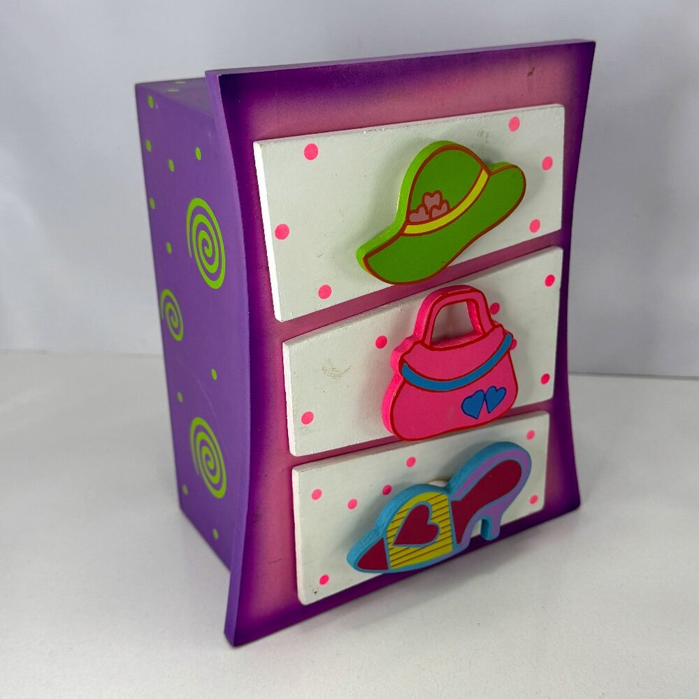 Novelty Girl Jewelry Trinket Box 3 Drawers Multicoloured Whimsical Wood 8 inches